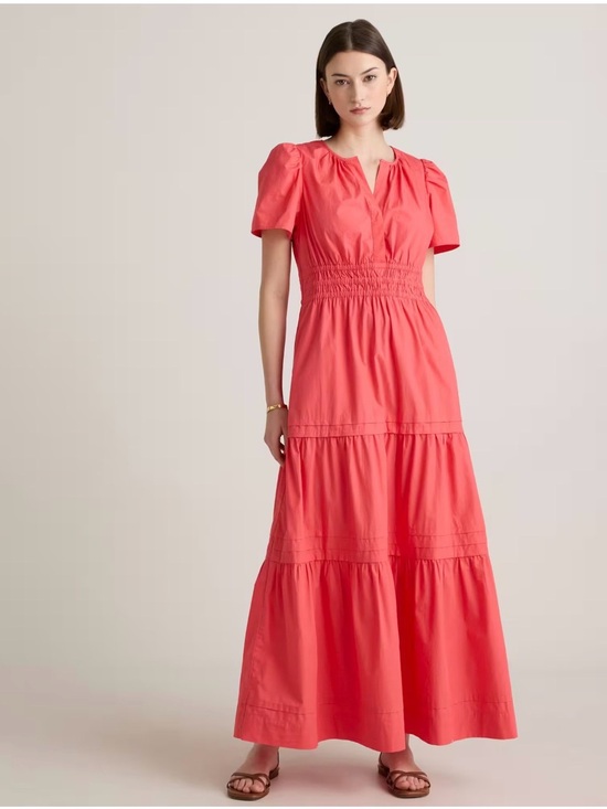 Quince Dresses & Skirts - Quince 100% Organic Cotton Poplin Tiered M Maxi Dress Smocked Lightweight Coral